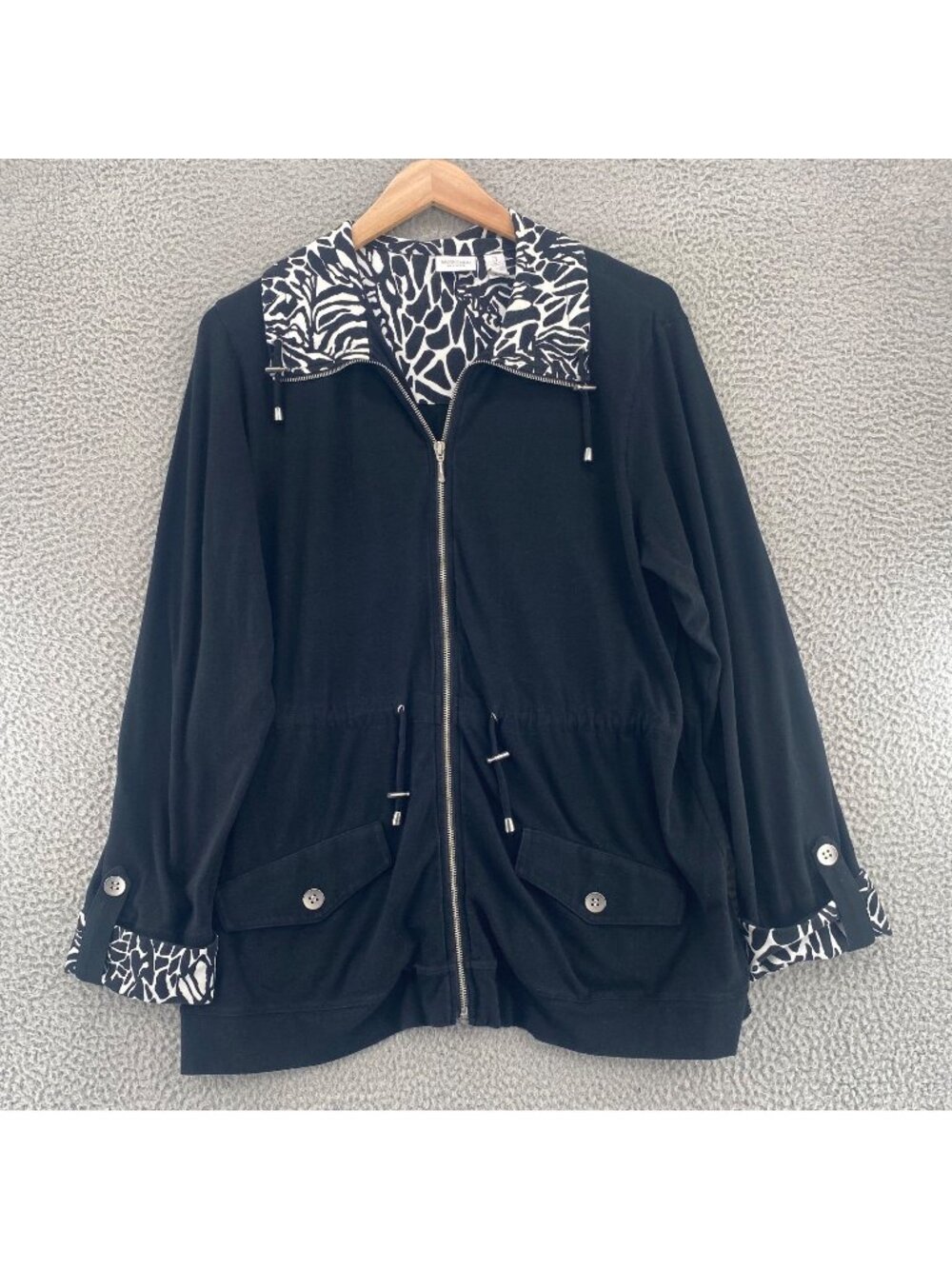Chicos Jacket Women 3 US Extra Large Weekends Black Zip Cinched Stretch Pockets
